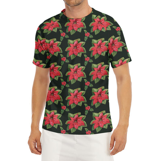 Watercolor Christmas Poinsettia Print Men's Short Sleeve Rash Guard