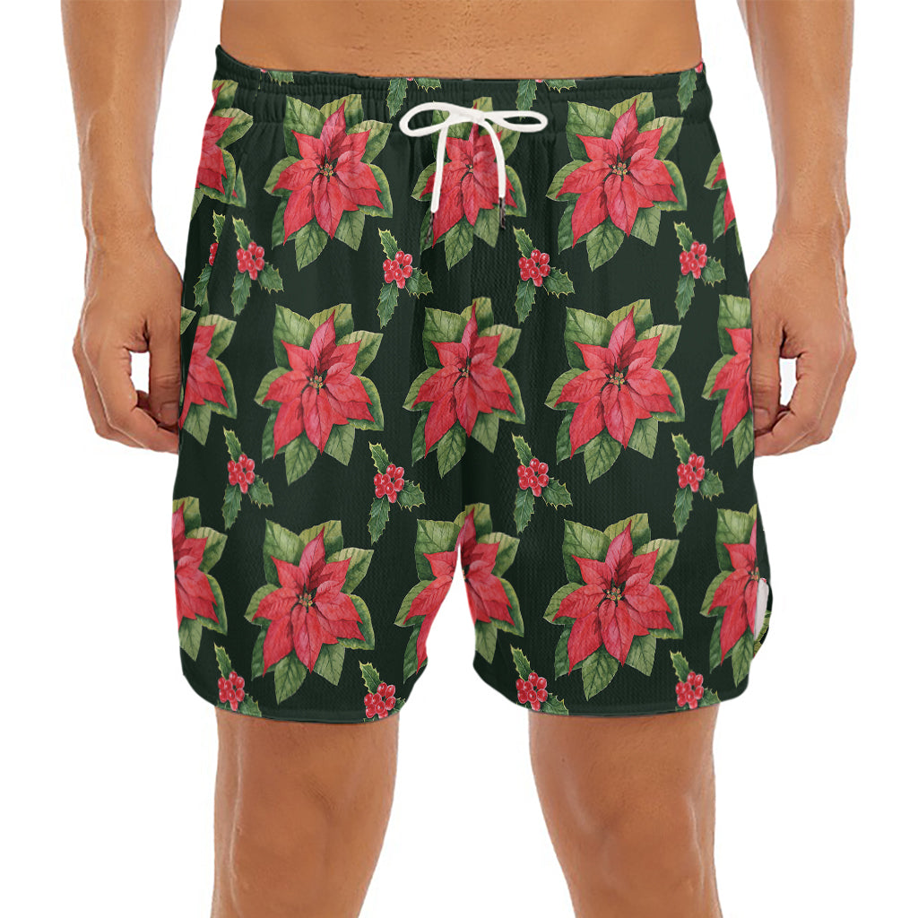 Watercolor Christmas Poinsettia Print Men's Split Running Shorts