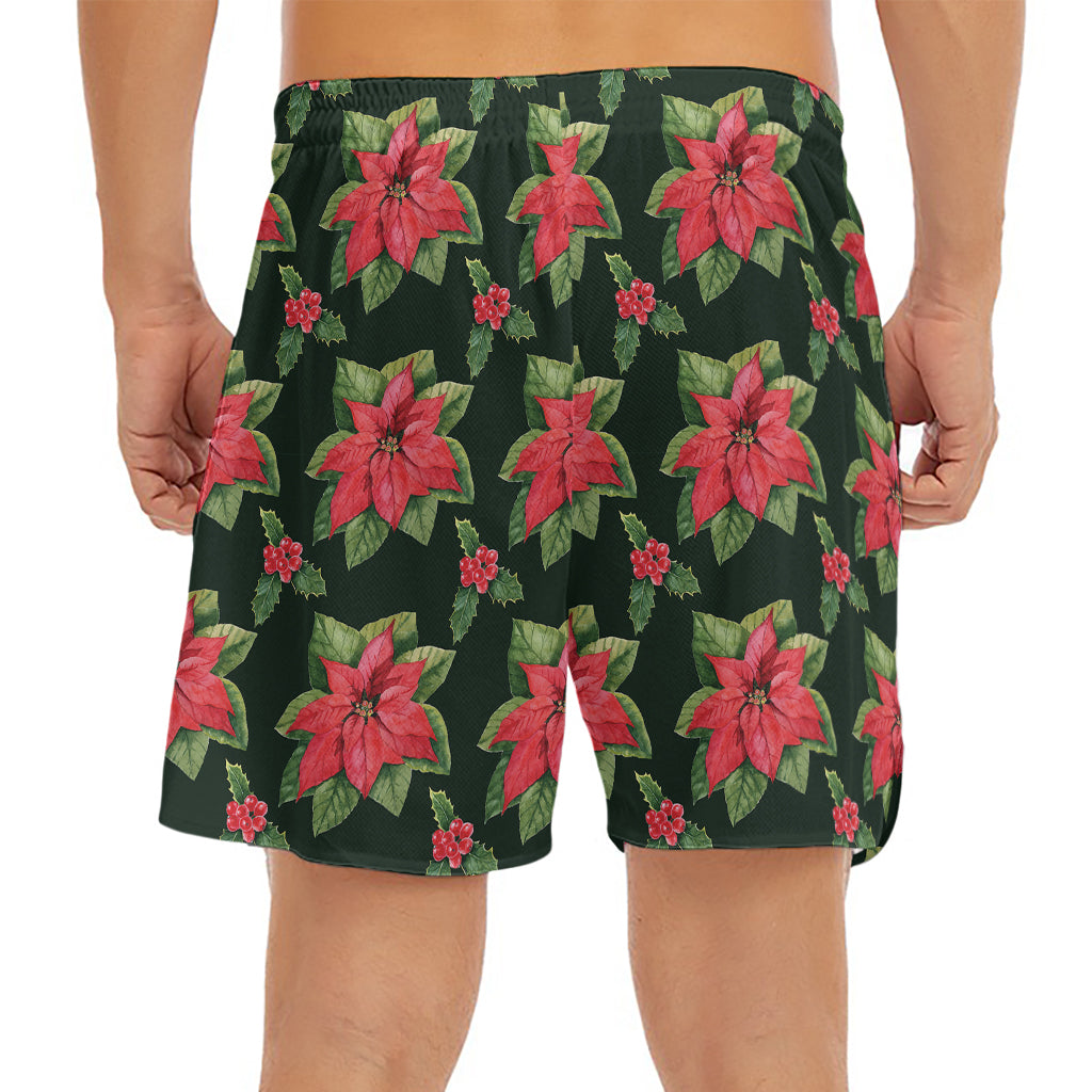 Watercolor Christmas Poinsettia Print Men's Split Running Shorts