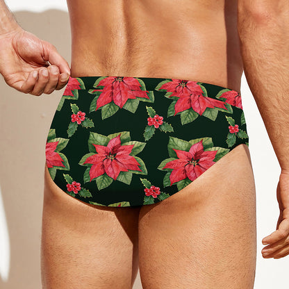 Watercolor Christmas Poinsettia Print Men's Swim Briefs