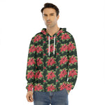 Watercolor Christmas Poinsettia Print Men's Velvet Pullover Hoodie