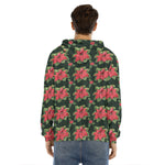 Watercolor Christmas Poinsettia Print Men's Velvet Pullover Hoodie