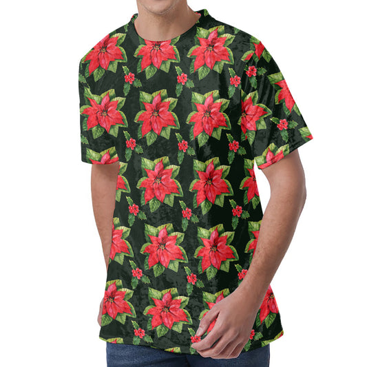 Watercolor Christmas Poinsettia Print Men's Velvet T-Shirt