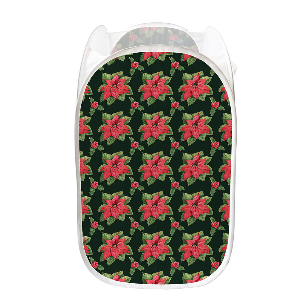 Watercolor Christmas Poinsettia Print Mesh Laundry Hamper