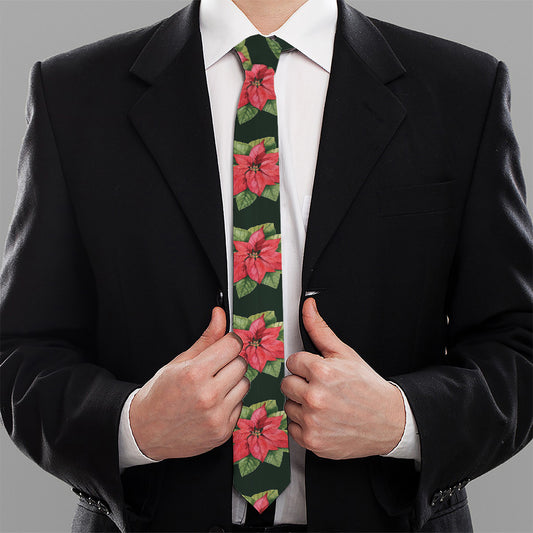 Watercolor Christmas Poinsettia Print Necktie