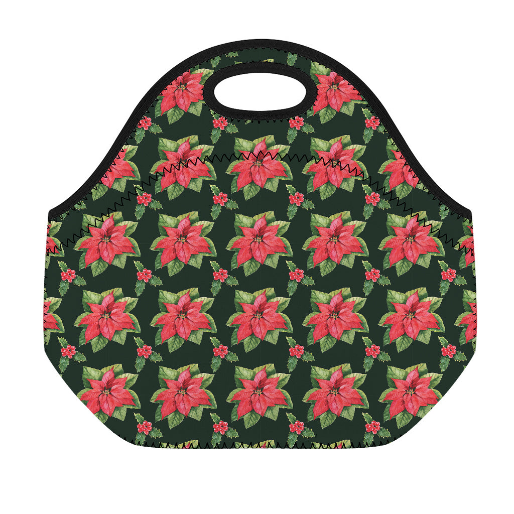 Watercolor Christmas Poinsettia Print Neoprene Lunch Bag