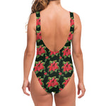 Watercolor Christmas Poinsettia Print One Piece Swimsuit