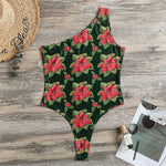 Watercolor Christmas Poinsettia Print One Shoulder Bodysuit