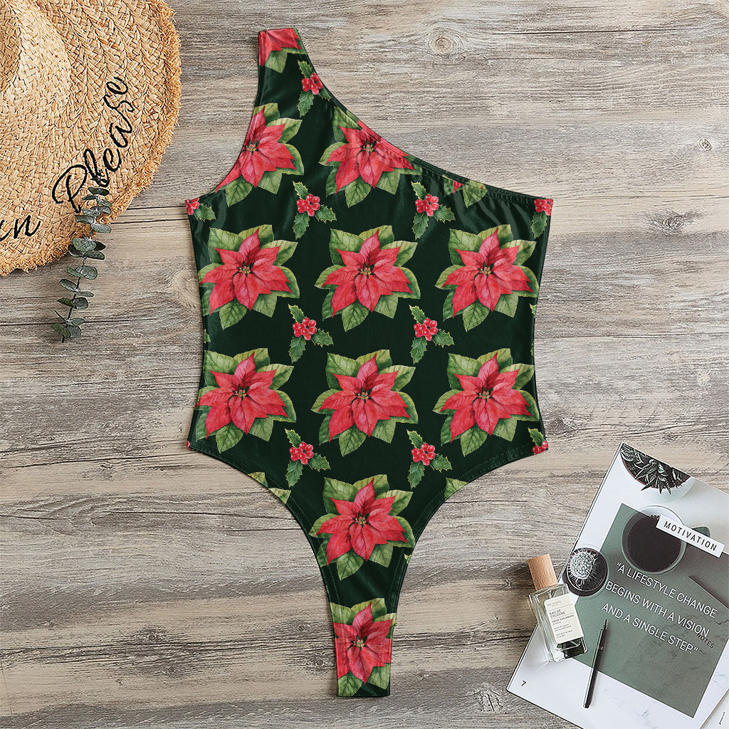 Watercolor Christmas Poinsettia Print One Shoulder Bodysuit