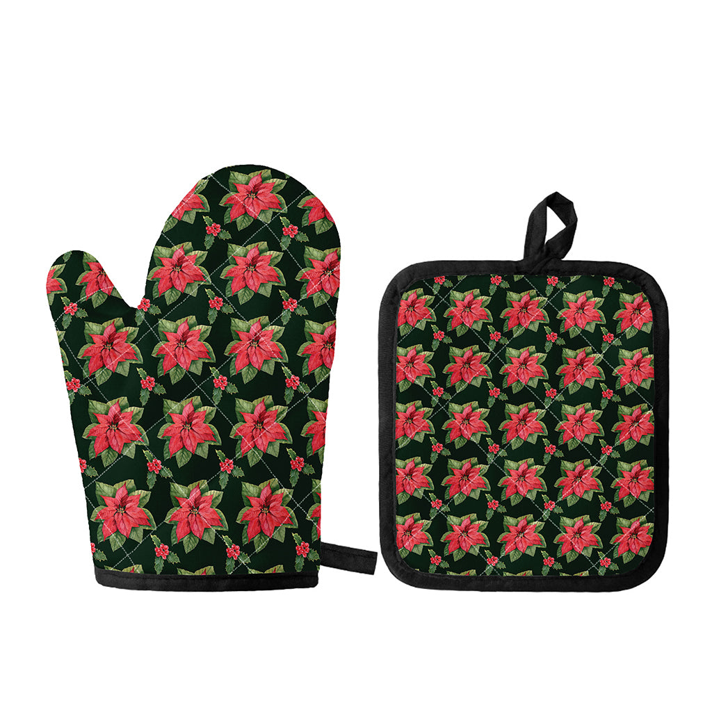 Watercolor Christmas Poinsettia Print Oven Mitt And Pot Holder Set