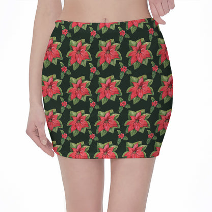 Watercolor Christmas Poinsettia Print Pencil Mini Skirt