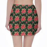 Watercolor Christmas Poinsettia Print Pencil Mini Skirt