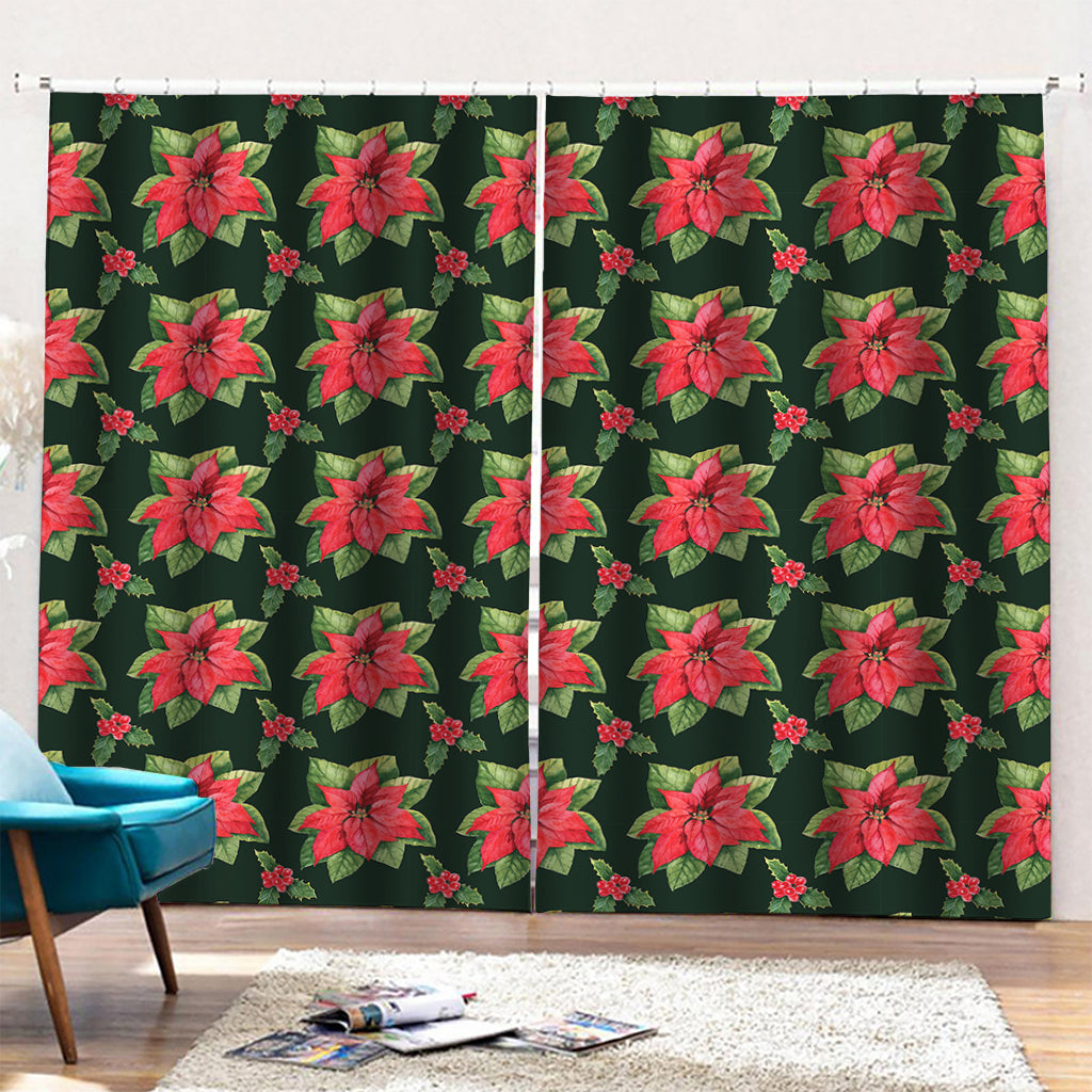 Watercolor Christmas Poinsettia Print Pencil Pleat Curtains