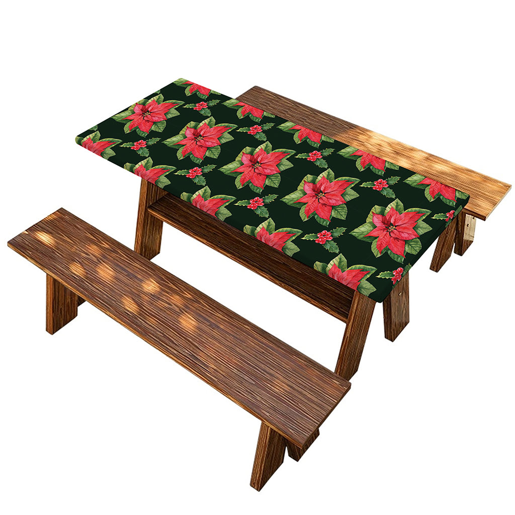 Watercolor Christmas Poinsettia Print Picnic Table Cover