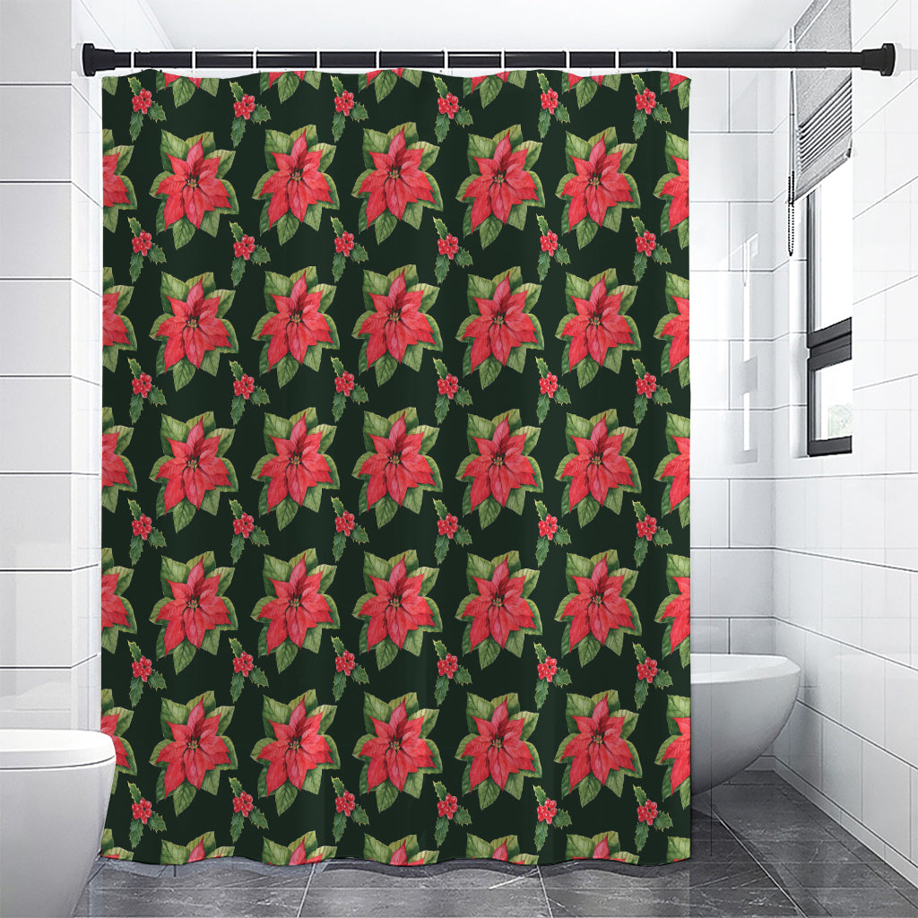 Watercolor Christmas Poinsettia Print Premium Shower Curtain