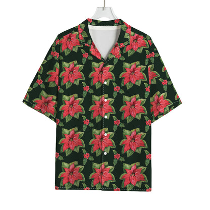 Watercolor Christmas Poinsettia Print Rayon Hawaiian Shirt
