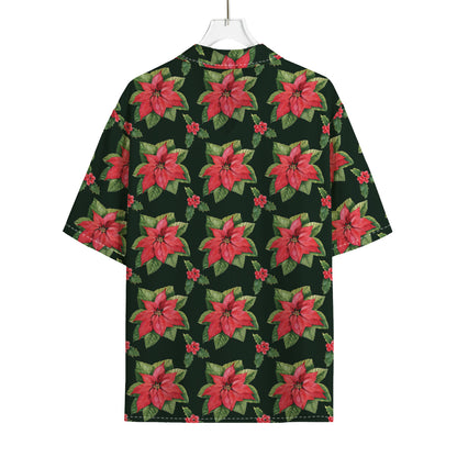 Watercolor Christmas Poinsettia Print Rayon Hawaiian Shirt