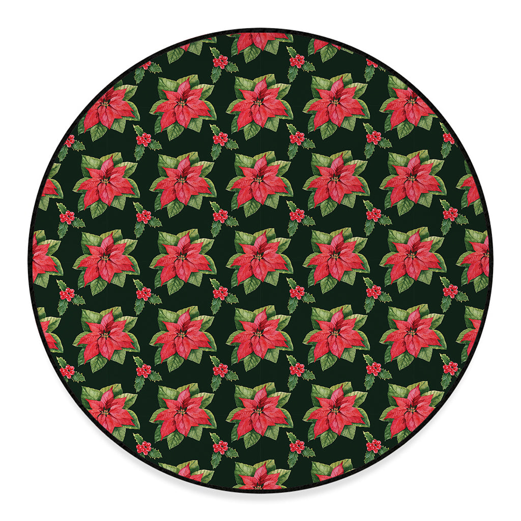 Watercolor Christmas Poinsettia Print Round Floor Mat