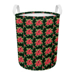 Watercolor Christmas Poinsettia Print Round Laundry Basket
