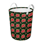 Watercolor Christmas Poinsettia Print Round Laundry Basket