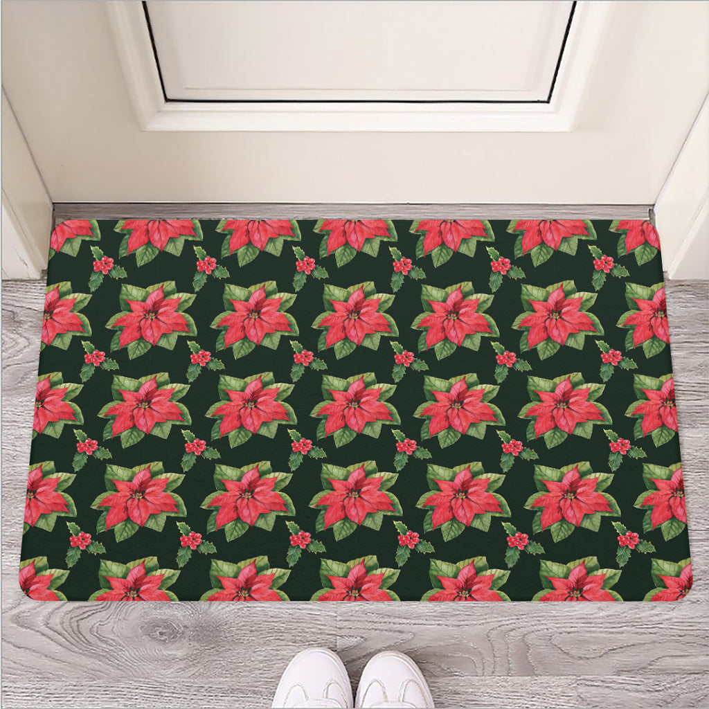 Watercolor Christmas Poinsettia Print Rubber Doormat