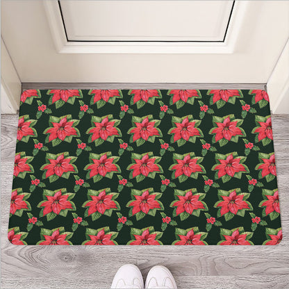 Watercolor Christmas Poinsettia Print Rubber Doormat