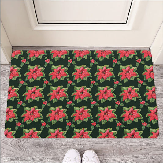 Watercolor Christmas Poinsettia Print Rubber Doormat