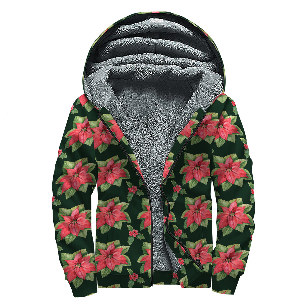 Watercolor Christmas Poinsettia Print Sherpa Lined Zip Up Hoodie