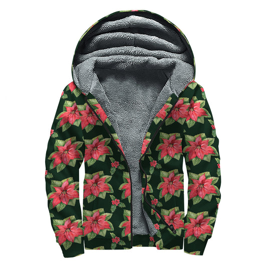 Watercolor Christmas Poinsettia Print Sherpa Lined Zip Up Hoodie
