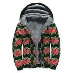 Watercolor Christmas Poinsettia Print Sherpa Lined Zip Up Hoodie