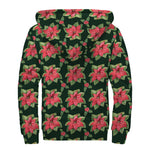 Watercolor Christmas Poinsettia Print Sherpa Lined Zip Up Hoodie