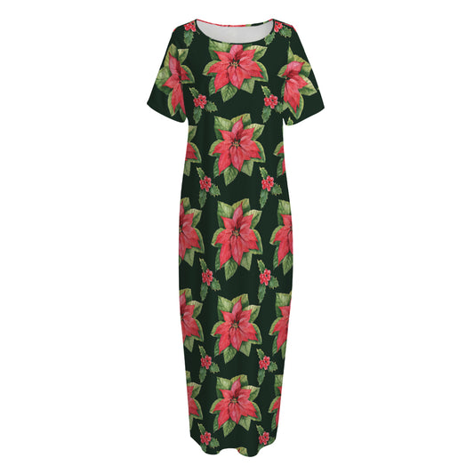 Watercolor Christmas Poinsettia Print Short Sleeve Long Nightdress