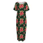 Watercolor Christmas Poinsettia Print Short Sleeve Long Nightdress