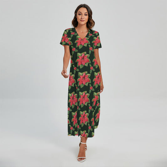 Watercolor Christmas Poinsettia Print Short Sleeve Maxi Dress