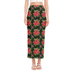 Watercolor Christmas Poinsettia Print Side Slit Maxi Skirt