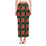 Watercolor Christmas Poinsettia Print Side Slit Maxi Skirt