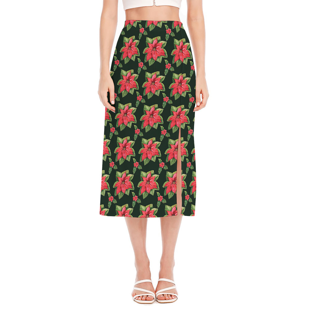 Watercolor Christmas Poinsettia Print Side Slit Midi Skirt