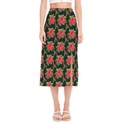 Watercolor Christmas Poinsettia Print Side Slit Midi Skirt