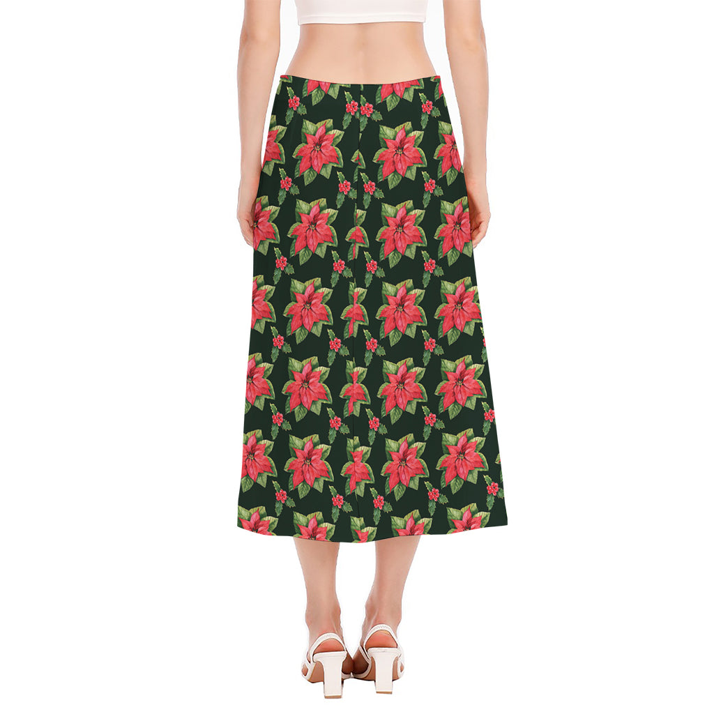 Watercolor Christmas Poinsettia Print Side Slit Midi Skirt