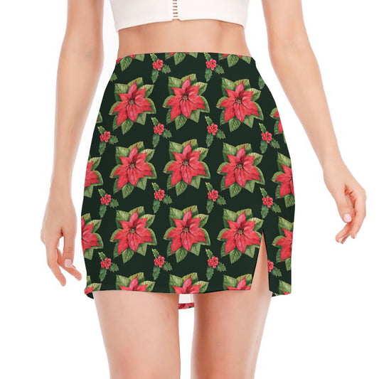 Watercolor Christmas Poinsettia Print Side Slit Mini Skirt