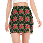 Watercolor Christmas Poinsettia Print Side Slit Mini Skirt