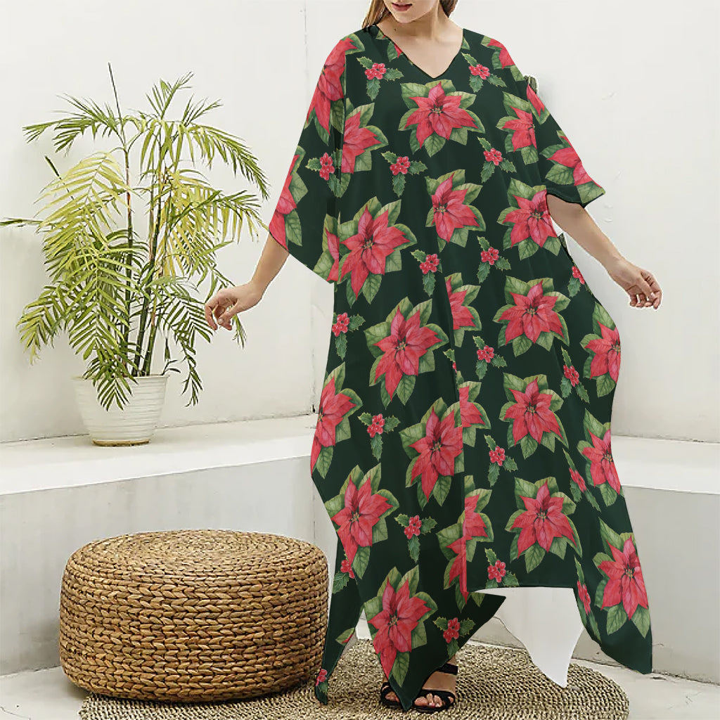 Watercolor Christmas Poinsettia Print Silk V-Neck Kaftan Dress