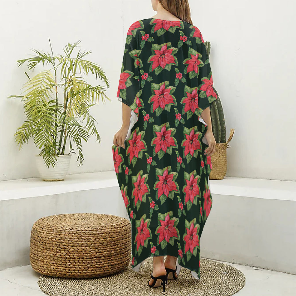 Watercolor Christmas Poinsettia Print Silk V-Neck Kaftan Dress