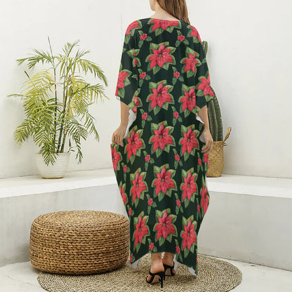 Watercolor Christmas Poinsettia Print Silk V-Neck Kaftan Dress