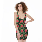 Watercolor Christmas Poinsettia Print Sleeveless Bodycon Dress