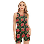 Watercolor Christmas Poinsettia Print Sleeveless One Piece Swimsuit