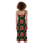 Watercolor Christmas Poinsettia Print Slim Fit Midi Cami Dress
