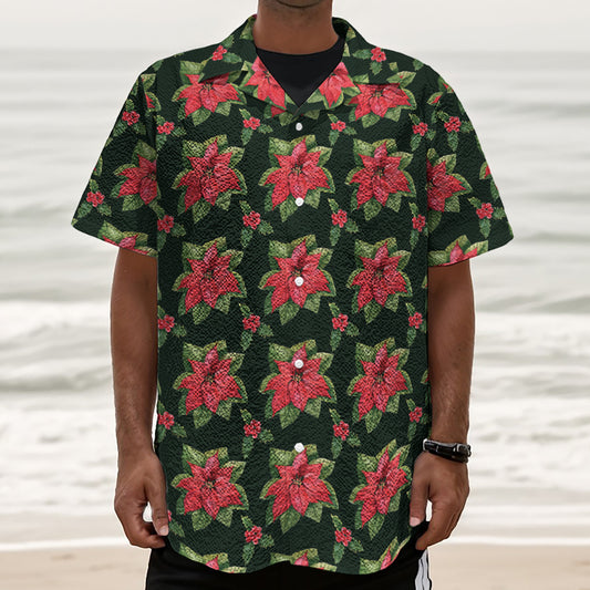 Watercolor Christmas Poinsettia Print Textured Short Sleeve Shirt