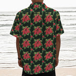 Watercolor Christmas Poinsettia Print Textured Short Sleeve Shirt