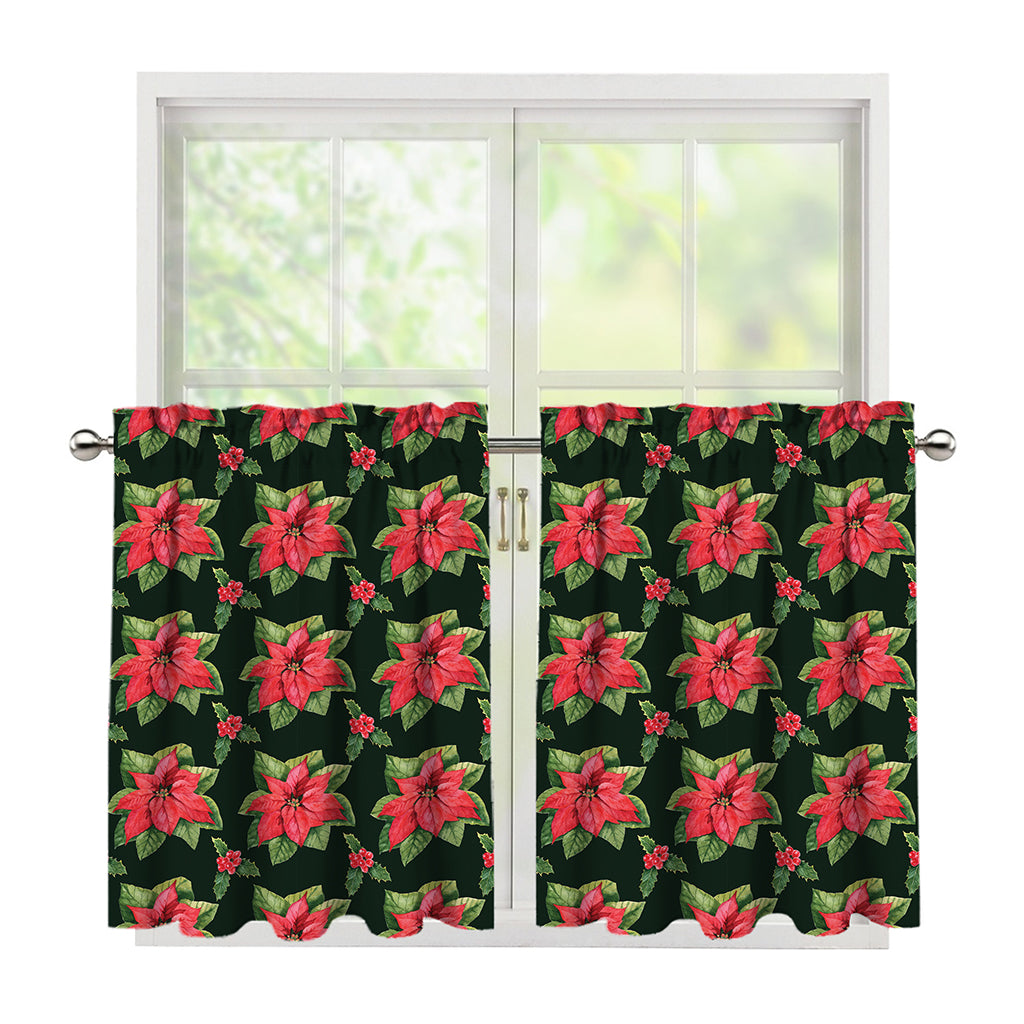 Watercolor Christmas Poinsettia Print Tier Curtains